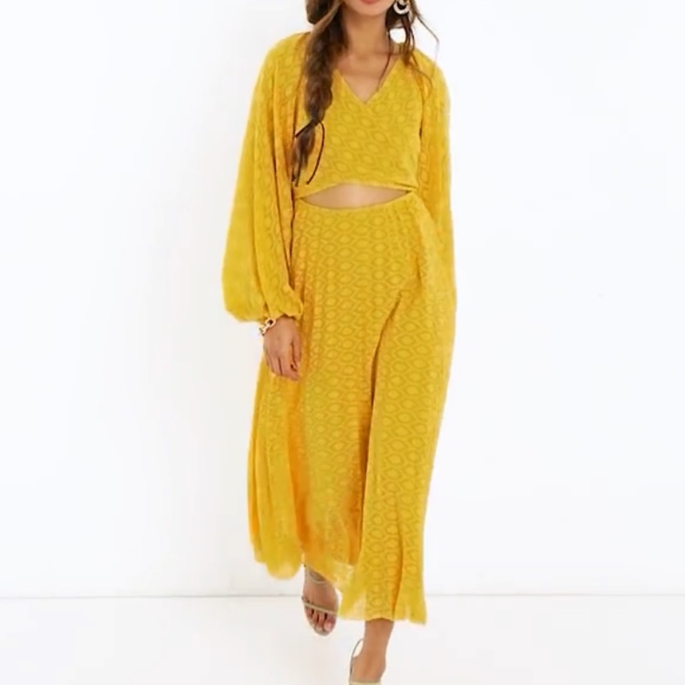 ASOS Design Tie wrap around pleated midi dress in “dobby in mustard” w/ cut out